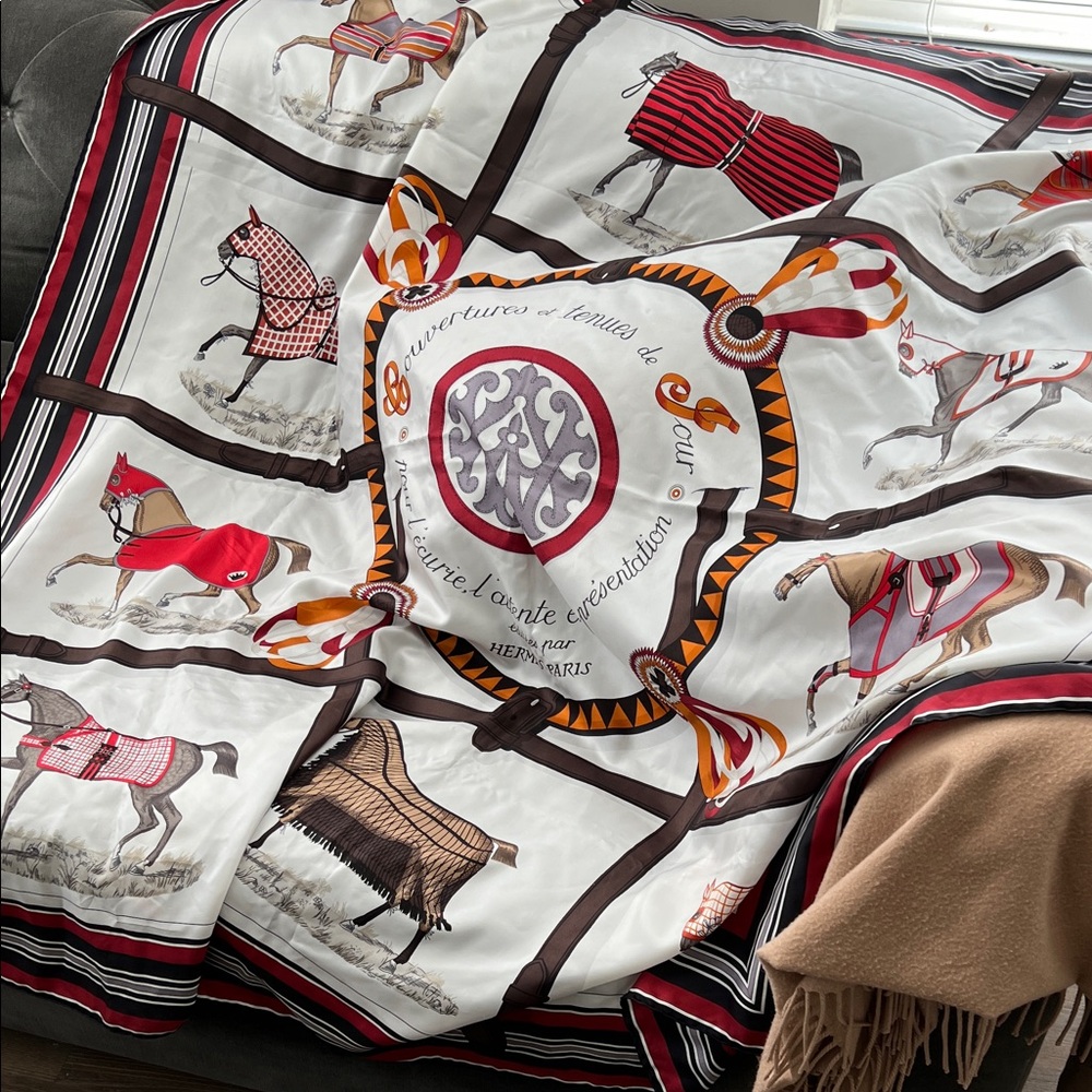 Hermes Equestrian Print Scarf - Red, Brown, White